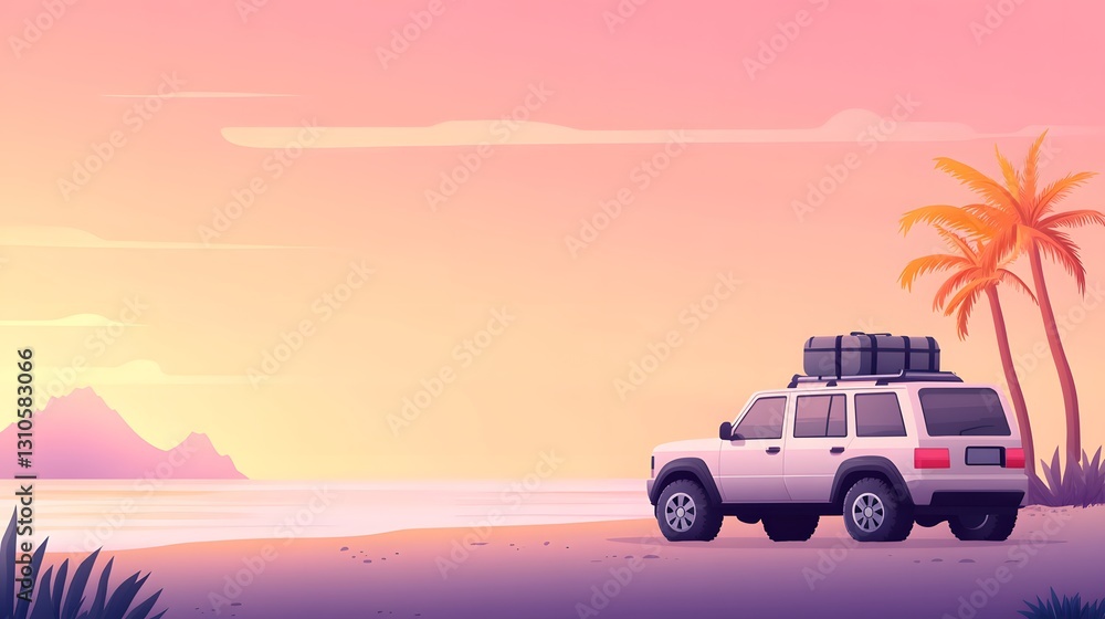 Fototapeta premium Pink seaside car silhouette
