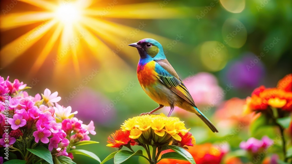 A colorful bird perched on a blooming flower in a vibrant garden with lush greenery and warm sunlight filtering through , colorful bird, bird perches A colorful bird perched on a blooming flower in a vibrant garden with lush greenery and warm sunlight filtering through , colorful bird, bird perches