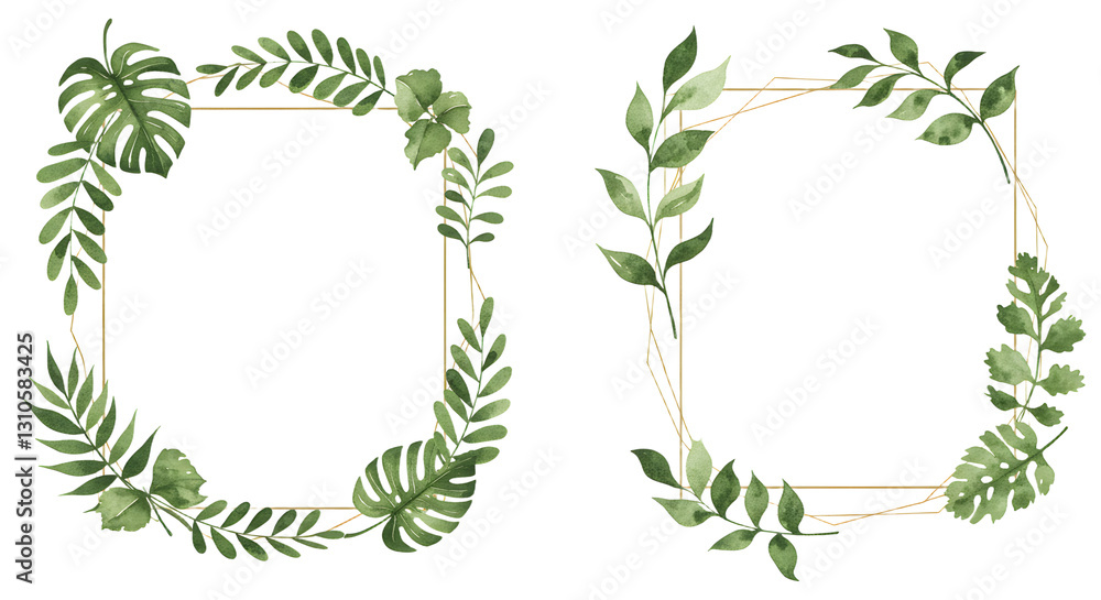 Fototapeta premium Delicate botanical frame collection featuring fresh green watercolor foliage