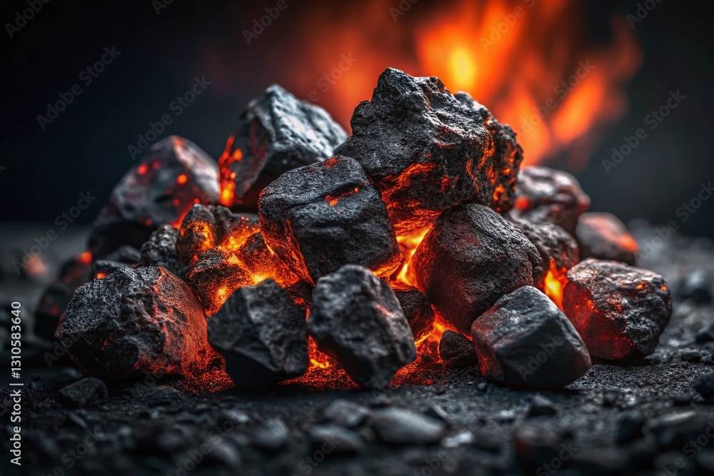 Luminous Coal Lumps: Striking Night Photography Stock Image Luminous Coal Lumps: Striking Night Photography Stock Image