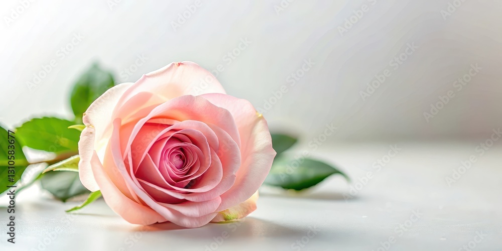 Fototapeta premium A delicate pink rose bloom isolated against a soft white background, flower arrangement, , flower arrangement