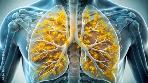 A close-up of a lung with a cystic fibrosis-related respiratory tract mucus deposit, showing white and yellowish patches , bronchial issues, disease effects