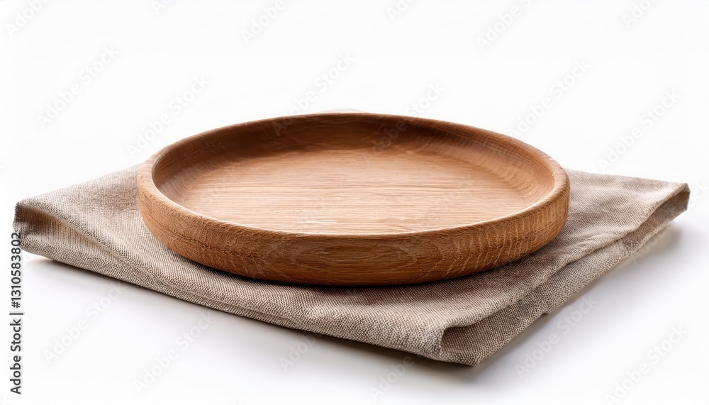 Wood Plate on Linen Napkin Rustic Elegance Against a Crisp White Background, Capturing the Essence of Simplicity and Class in Home Decor and Art Wood Plate on Linen Napkin Rustic Elegance Against a Crisp White Background, Capturing the Essence of Simplicity and Class in Home Decor and Art