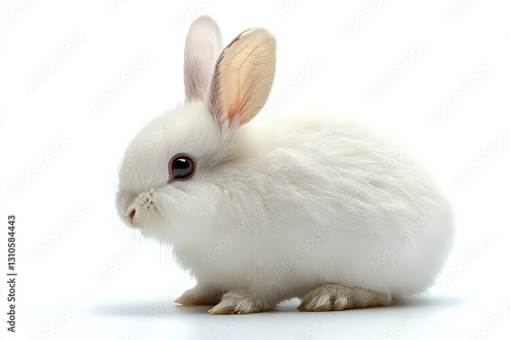 Adorable white dwarf rabbit with pink ears isolated on white background, side view portrait of young bunny showing soft fur and gentle features. Adorable white dwarf rabbit with pink ears isolated on white background, side view portrait of young bunny showing soft fur and gentle features.
