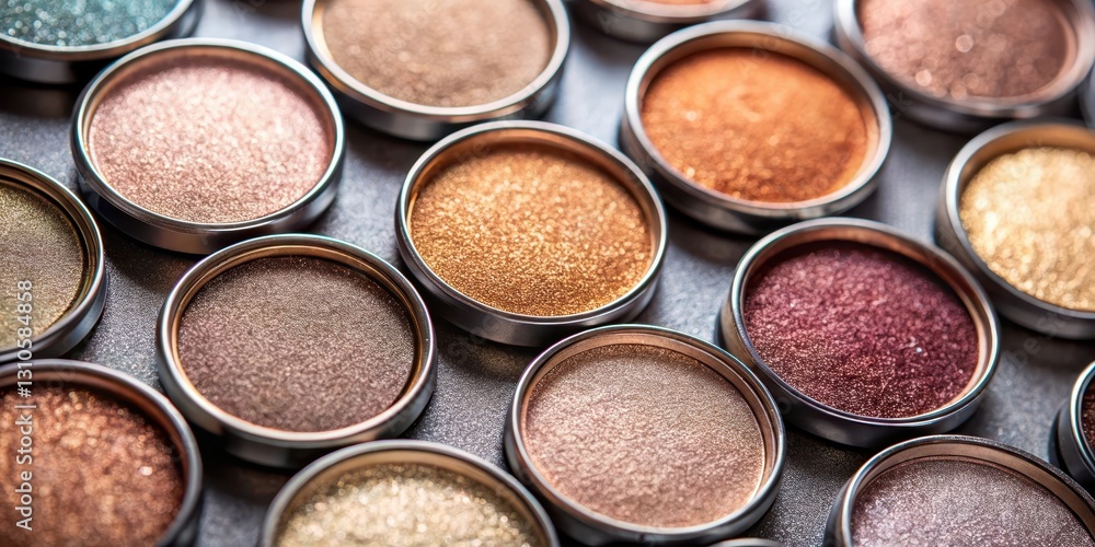 Shimmering metallic eyeshadows in soft diffused lighting, with matte neutrals scattered around, creating a cohesive palette on a sleek surface, neutral tones, soft diffused lighting Shimmering metallic eyeshadows in soft diffused lighting, with matte neutrals scattered around, creating a cohesive palette on a sleek surface, neutral tones, soft diffused lighting