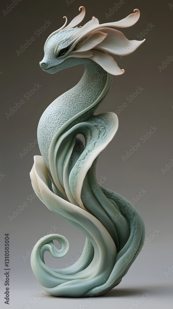 Fototapeta premium Elegant Mythical Dragon Figurine Graceful Fluid Sculpture in Ceramic and Digital Art