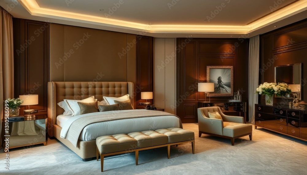 Elegant Modern Bedroom Design with Luxurious Furnishings and Lighting Elegant Modern Bedroom Design with Luxurious Furnishings and Lighting