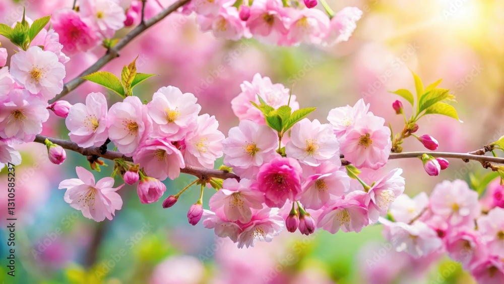 Vibrant green leaves and stems surround delicate pink cherry blossoms in full bloom on a lush branch , floral arrangement, flower buds Vibrant green leaves and stems surround delicate pink cherry blossoms in full bloom on a lush branch , floral arrangement, flower buds