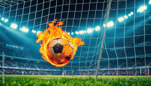 Fiery Soccer Ball Hitting Goal Net During Exciting Football Match photo