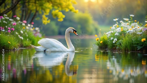Fototapeta Naklejka Na Ścianę i Meble -  A serene still life of a beautiful swan floating elegantly on a calm lake with surrounded lush greenery and vibrant wildflowers, beautiful landscape, art