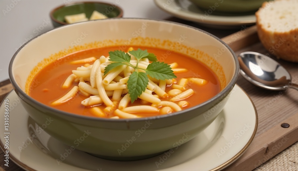 Bowl of tomato soup with pasta, garnished with fresh herbs, on a wooden table setting Bowl of tomato soup with pasta, garnished with fresh herbs, on a wooden table setting