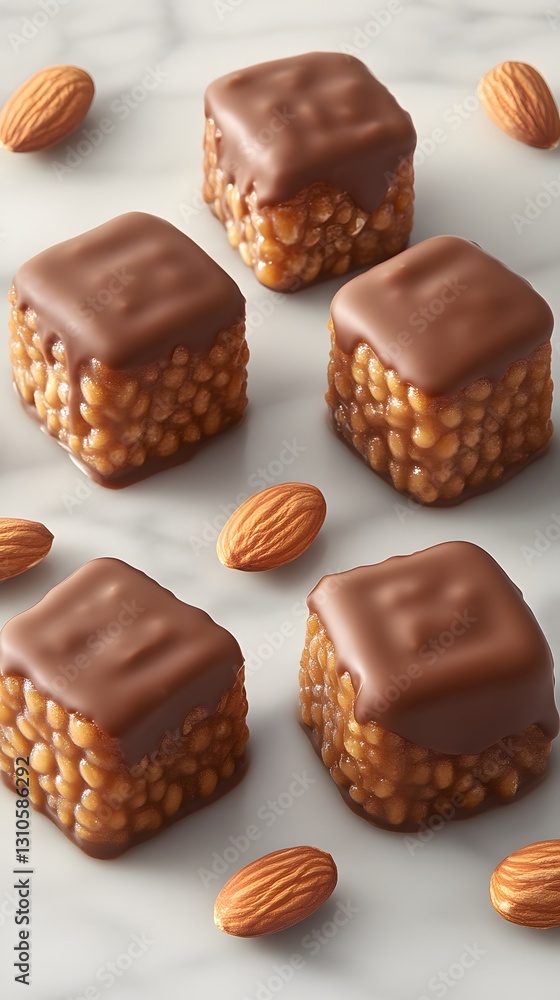 Chocolate-Covered Almond Rice Crispy Treats on Marble Chocolate-Covered Almond Rice Crispy Treats on Marble