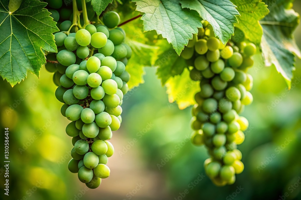 Lush Green Grapes Hanging from Vine, Tilt-Shift Photography, Gray Background Lush Green Grapes Hanging from Vine, Tilt-Shift Photography, Gray Background