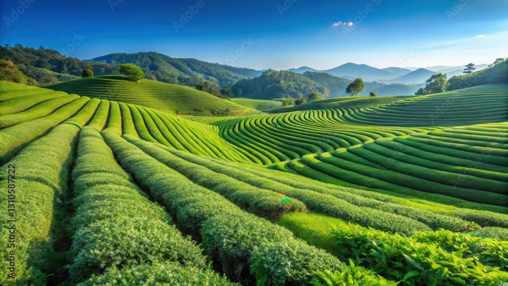 Fototapeta premium Green tea plantation with neatly trimmed bushes under clear blue sky on rolling hills, green tea plantation, agriculture field