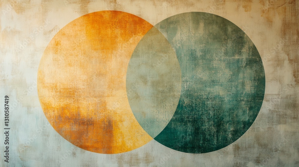 Two overlapping circles are displayed with color variations and textures Two overlapping circles are displayed with color variations and textures