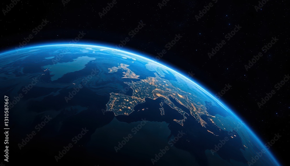 Fototapeta premium Stunning Aerial View of Europe at Night with City Lights and Ocean