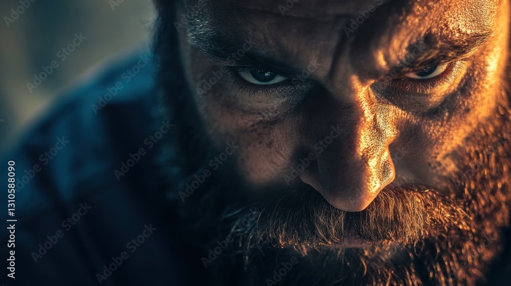 Obraz premium Intense close-up of a man with a beard, deep in thought
