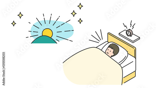睡眠：朝、ベッドで目覚める男性