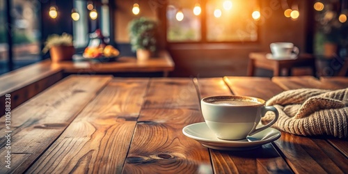 Wooden table with coffee cup on it, surrounded by cozy atmosphere, cozy, warm,  cozy, warm, natural, comfort