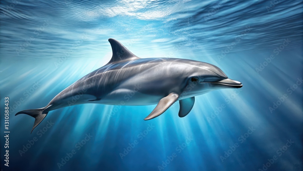 Obraz premium A single grey dolphin swims alone, its body streamlined as it cuts through the water with precision, set against a serene blue background , grey dolphin, ocean