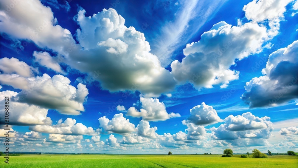 Serene landscape with vast blue sky and fluffy white clouds set against a warm natural daylight background, showcasing the beauty of nature's canvas, natural light, sky view Serene landscape with vast blue sky and fluffy white clouds set against a warm natural daylight background, showcasing the beauty of nature's canvas, natural light, sky view