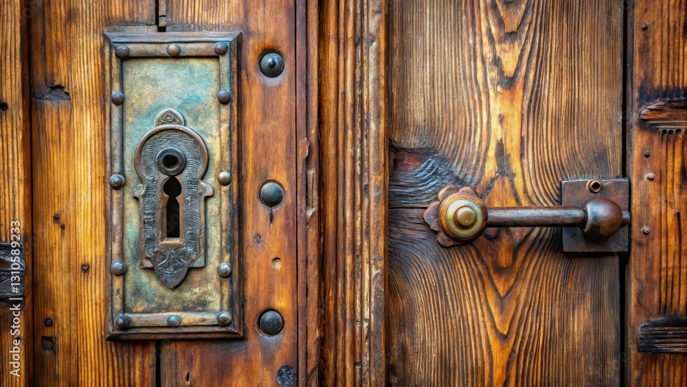 Old wooden door with a shiny metal lock and rusty keyhole on the right side Old wooden door with a shiny metal lock and rusty keyhole on the right side