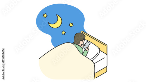 睡眠：ベッドの中でスマホをいじって夜更かしする男性