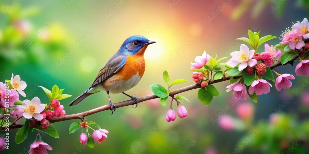 Obraz premium Elegant bird perched on a delicate branch with lush green leaves and vibrant flowers in a serene natural setting, wildlife, natural beauty