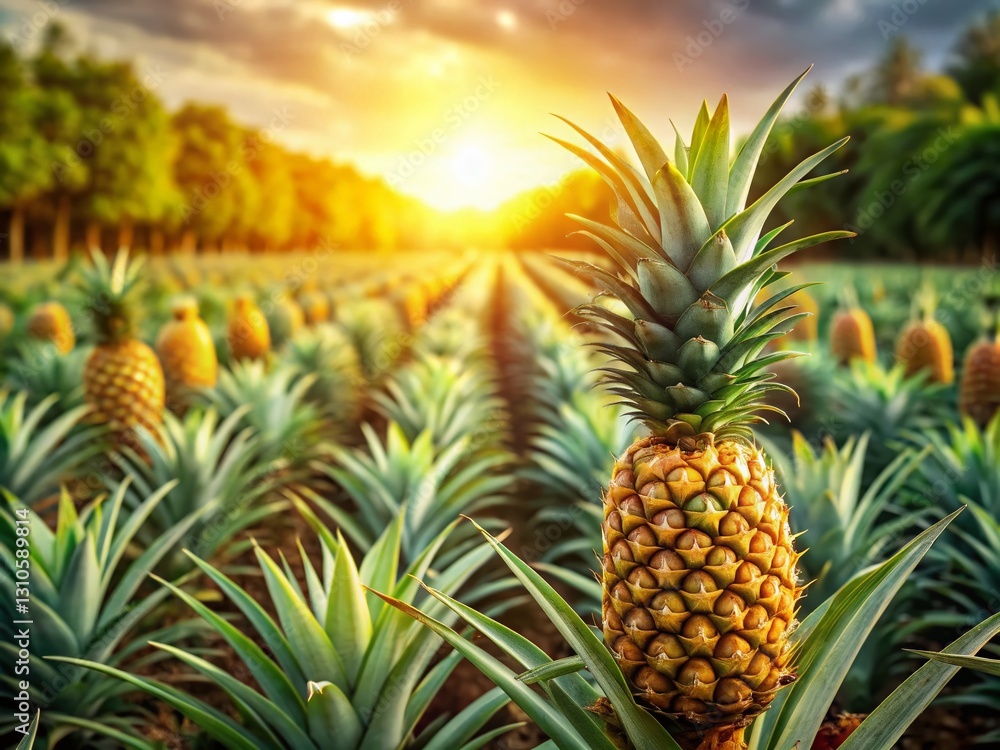 Lush Pineapple Plantation: Rows of Pineapples Ready for Harvest Lush Pineapple Plantation: Rows of Pineapples Ready for Harvest