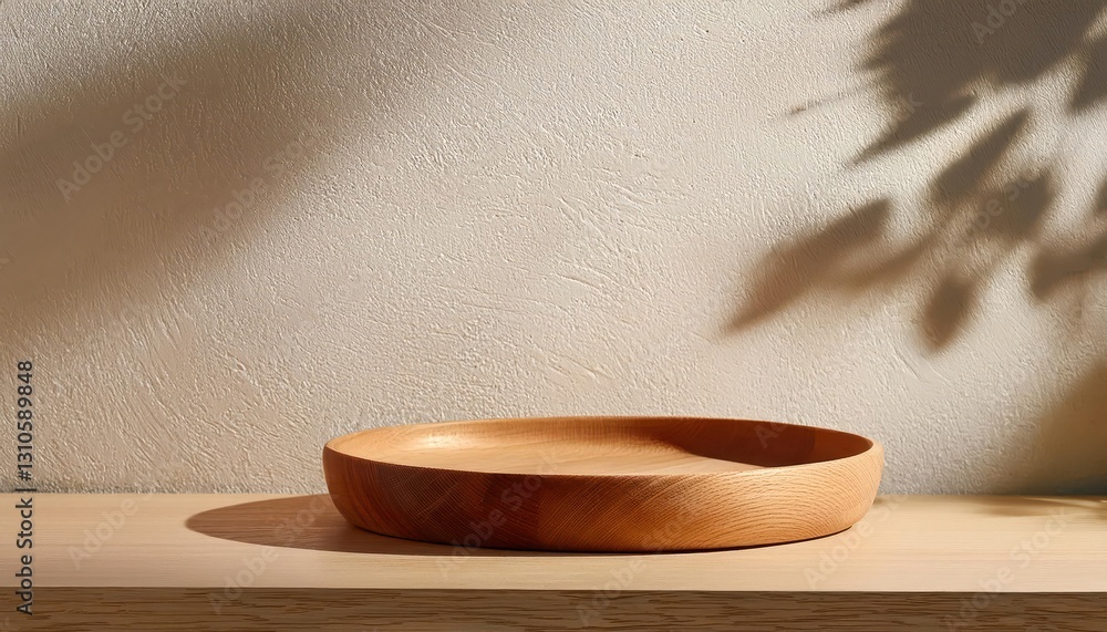 Wooden Plate or Bowl on Wooden Table Against Stucco Backdrop with Shadows of a Branch, Showcasing Rustic Textures and Warmth, Perfect for Scenes of Cozy Home Decor and Organic Design. Wooden Plate or Bowl on Wooden Table Against Stucco Backdrop with Shadows of a Branch, Showcasing Rustic Textures and Warmth, Perfect for Scenes of Cozy Home Decor and Organic Design.