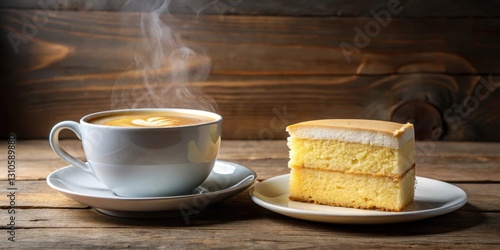 A steaming cup of milk coffee next to a slice of moist vanilla cake with golden brown edges and a hint of sweetness on a modern wooden table , coffee, wooden