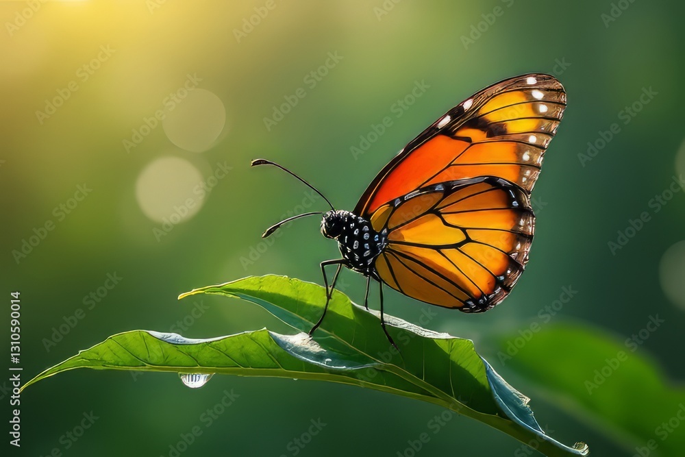 Fototapeta premium Monarch Butterfly on Green Leaf in Sunlight - Beautiful Nature Photography
