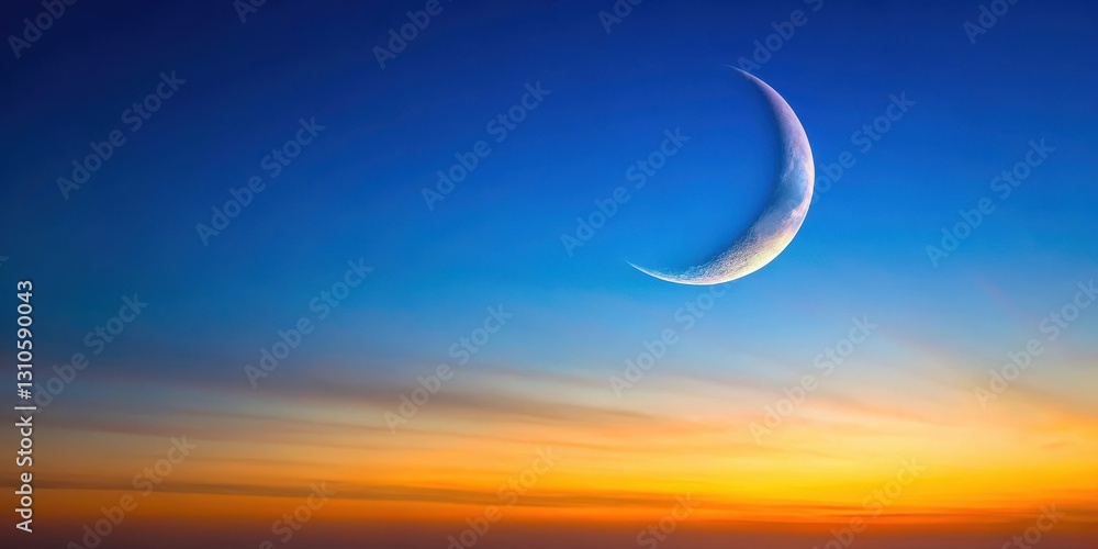 Fototapeta premium Shining crescent moon in a clear blue sky at sunset , sky landscape