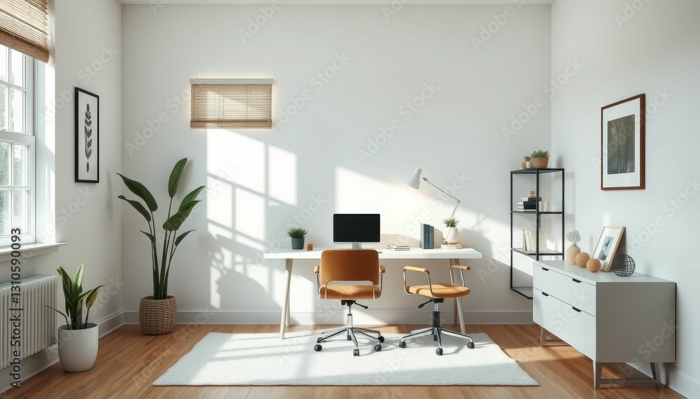 Bright and Airy Home Office Setting with Modern Furniture and Plants Bright and Airy Home Office Setting with Modern Furniture and Plants