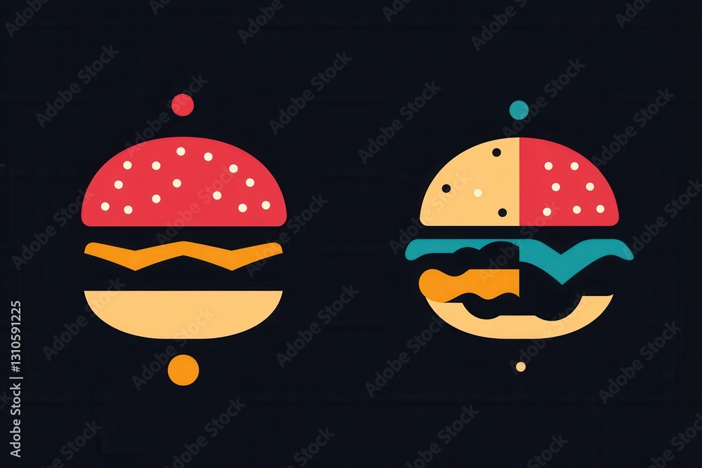 Fototapeta premium Flat burger icon logo featuring minimalism and vibrant colors suitable for fast food branding