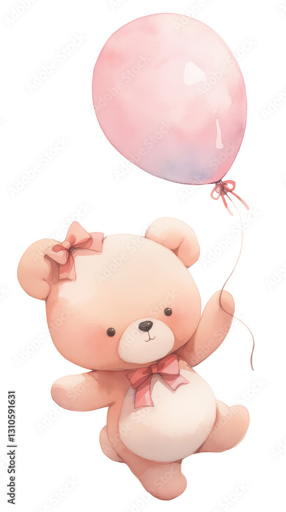 Naklejka premium ピンクの風船とクマのぬいぐるみ｜可愛くて優しい雰囲気の動物イラスト