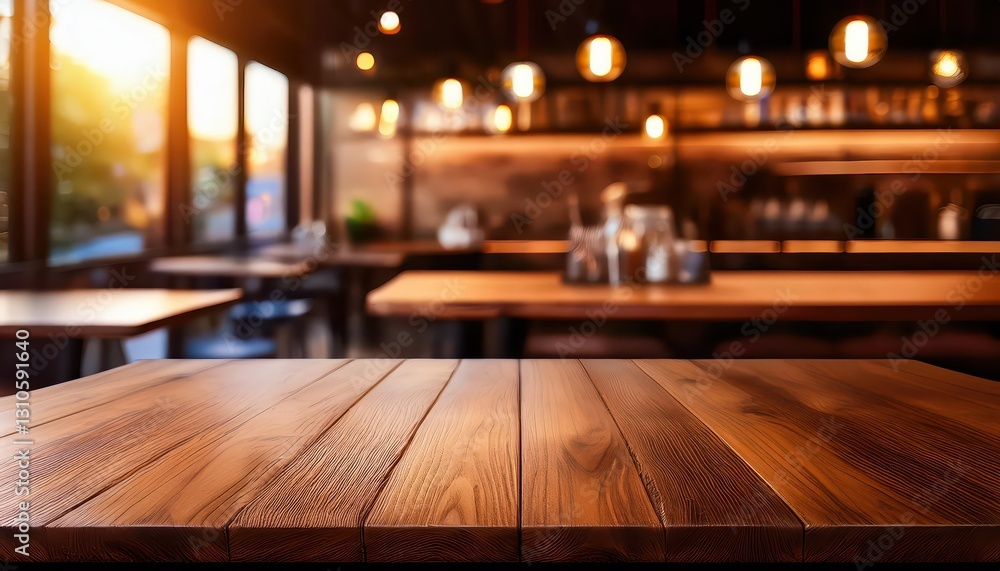 Warmly Lit Cozy Cafe Setting with Empty Wooden Table in a Rustic Ambiance Product Photography Background Capturing the Essence of Rural Charm and Tranquility