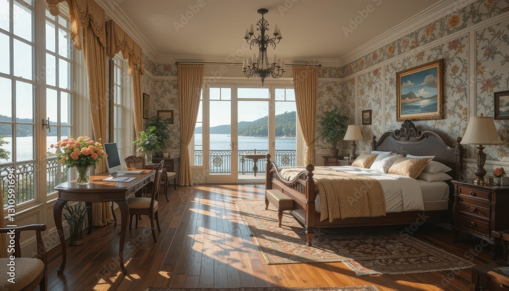 Fototapeta premium Elegant bedroom overlooking serene lake and scenic mountains