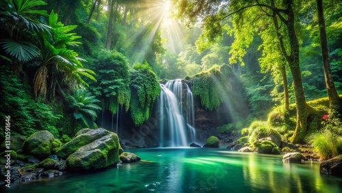 Lush Tropical Rainforest Waterfall Landscape - Vibrant Green Foliage and Cascading Water