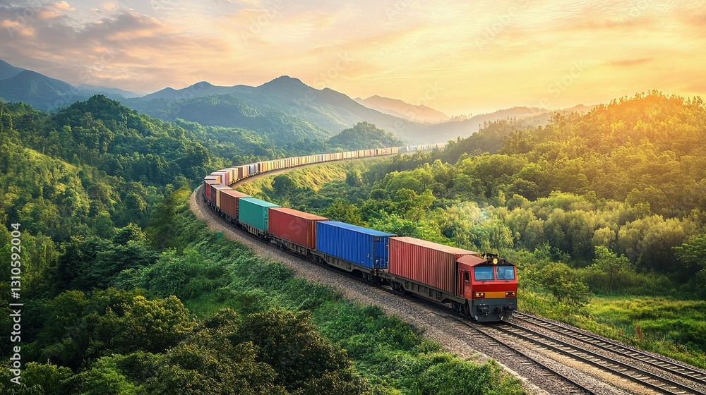 Scenic Cargo Train Transporting Goods Through Beautiful Landscape Scenic Cargo Train Transporting Goods Through Beautiful Landscape