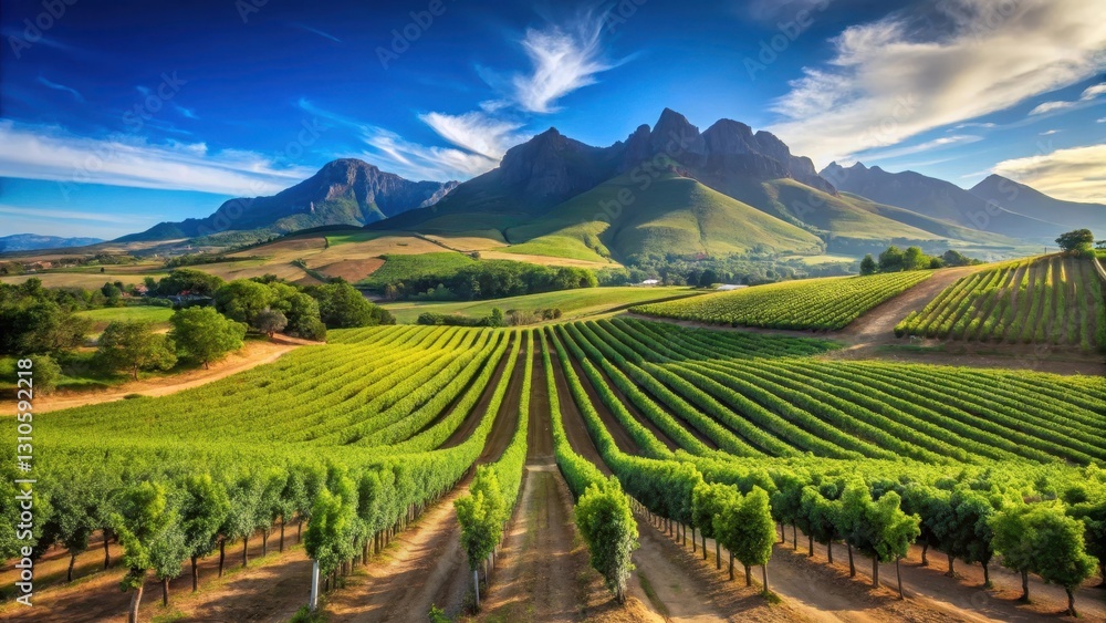 Fototapeta premium Rolling hills of vines stretching towards a bright blue sky on a sunny day in Stellenbosch's wine region, south africa, scenic view
