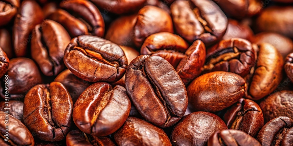 Obraz premium Close up of glossy coffee beans with rich brown hues, nutty, texture, nutty, texture, aromatic, dark