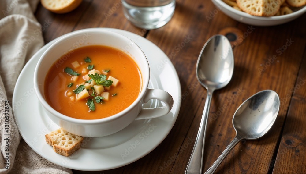Bowl of tomato soup with croutons and cheese, served with soup spoons on a rustic wooden table Bowl of tomato soup with croutons and cheese, served with soup spoons on a rustic wooden table