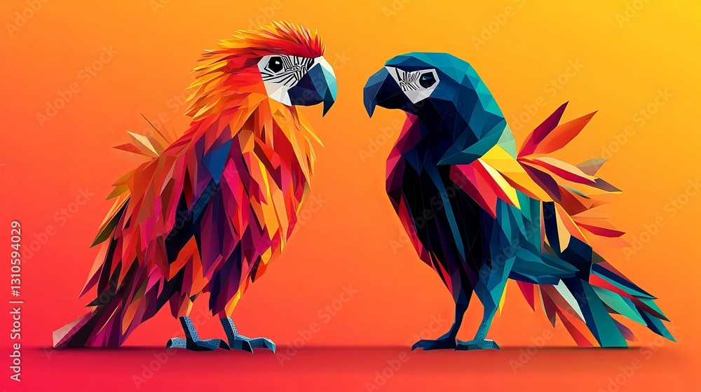 Obraz premium Two Colorful Macaws in Geometric Art Style
