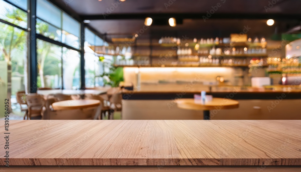 Elegant wooden table amidst a hazy, stylish restaurant ambiance, offering an inviting and minimalist atmosphere in the heart of a modern dining haven. Elegant wooden table amidst a hazy, stylish restaurant ambiance, offering an inviting and minimalist atmosphere in the heart of a modern dining haven.