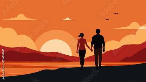 Sunset Stroll Silhouettes of two people walking hand in hand along a beach at sunset with warm colors in the sky representing connection and serenity.