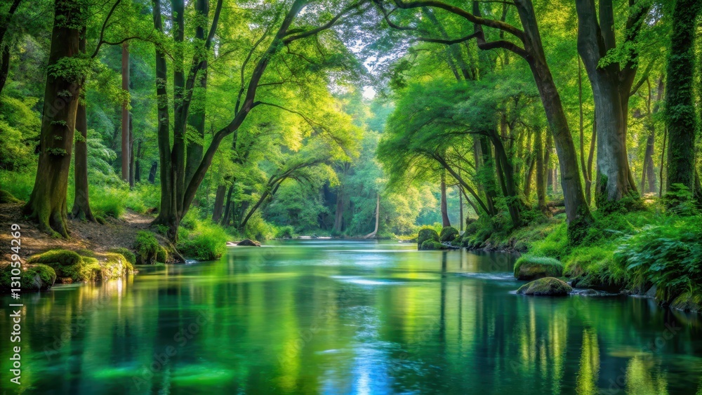 Serene water flows gently through a lush forest, surrounded by towering trees and vibrant greenery, creating a soothing atmosphere, natural scenery, vegetation Serene water flows gently through a lush forest, surrounded by towering trees and vibrant greenery, creating a soothing atmosphere, natural scenery, vegetation