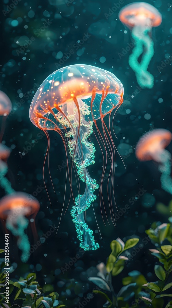 Fototapeta premium Ethereal Jellyfish Floating in a Tranquil Underwater Environment