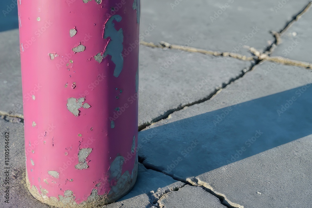 Peeling Pink Post on Cracked Gray Concrete Peeling Pink Post on Cracked Gray Concrete