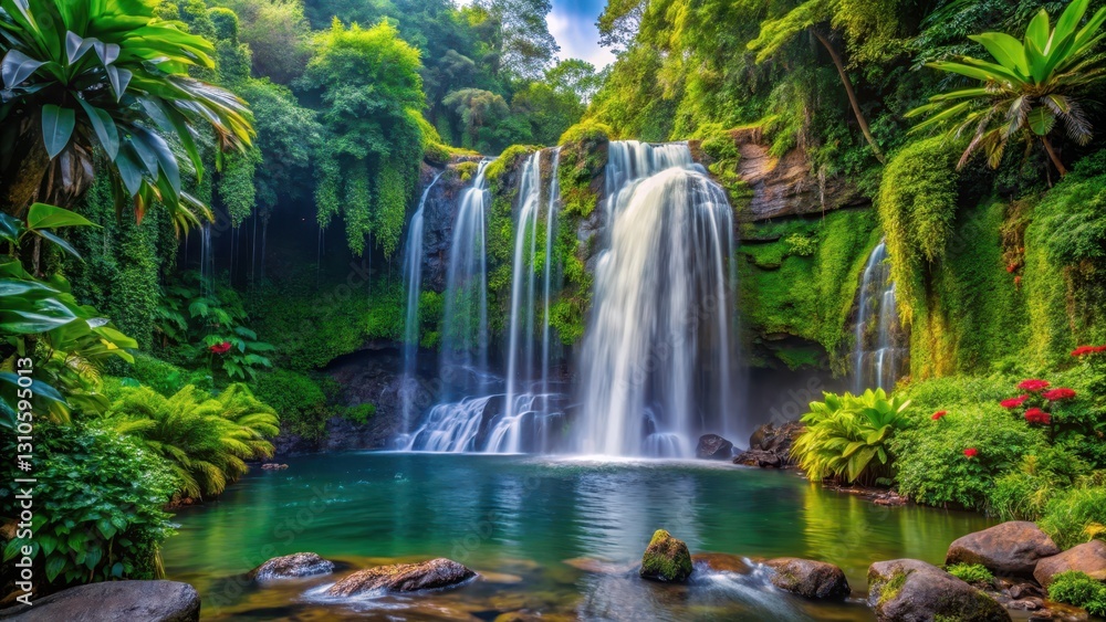 Fototapeta premium Majestic natural waterfall surrounded by lush greenery, plants, serene atmosphere, plants, serene atmosphere, landscape